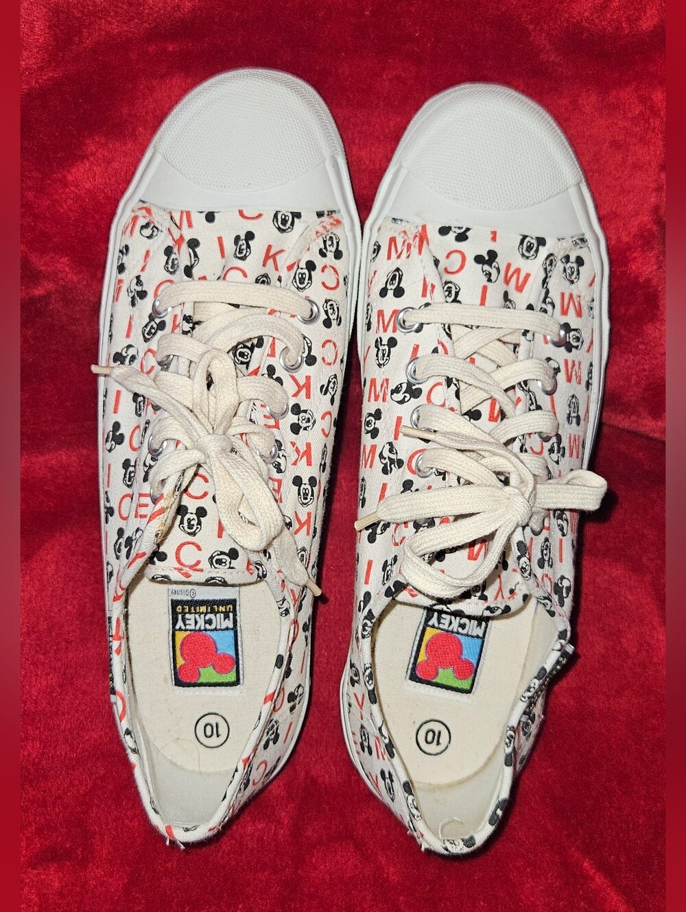 Women's Cream Canvas Sneakers with Red and Black Mickey Print  - Size 10M